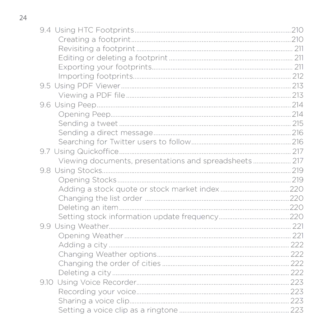 HTC 200 24 , 210, 211, 212, 213, 214, 215, 216, Viewing documents, presentations and spreadsheets 217, 219, 221, 222 